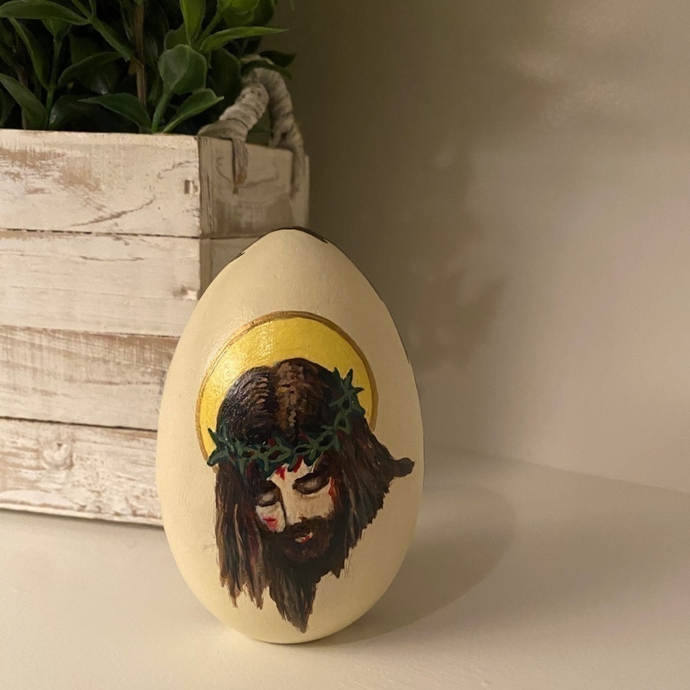 Jesus with Crown of Thorns Resurrection Wooden Hand Painted Egg Artist Signed